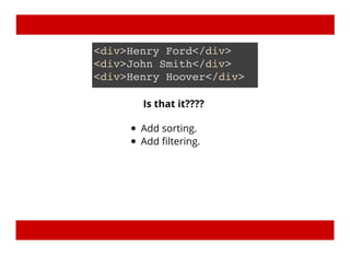 <div>Henry Ford</div>
<div>John Smith</div>
<div>Henry Hoover</div>
Is that it????
Add sorting.
Add ﬁltering.
 