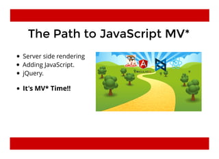 The Path to JavaScript MV*The Path to JavaScript MV*
Server side rendering
Adding JavaScript.
jQuery.
It's MV* Time!!
 