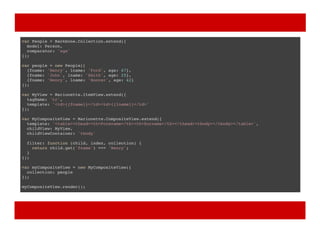 var People = Backbone.Collection.extend({
model: Person,
comparator: 'age'
});
var people = new People([
{fname: 'Henry', lname: 'Ford', age: 67},
{fname: 'John', lname: 'Smith', age: 25},
{fname: 'Henry', lname: 'Hoover', age: 42}
]);
var MyView = Marionette.ItemView.extend({
tagName: 'tr',
template: '<td>{{fname}}</td><td>{{lname}}</td>'
});
var MyCompositeView = Marionette.CompositeView.extend({
template: '<table><thead><th>Forename</th><th>Surname</th></thead><tbody></tbody></table>',
childView: MyView,
childViewContainer: 'tbody'
filter: function (child, index, collection) {
return child.get('fname') === 'Henry';
}
});
var myCompositeView = new MyCompositeView({
collection: people
});
myCompositeView.render();
 