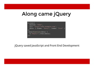 Along came jQueryAlong came jQuery
$.ajax({
method: "POST",
url: "http://www.example.com",
data: { fname: "Henry", lname: "Ford" }
})
.done(function(data) {
$("#myDiv").html(data);
});
jQuery saved JavaScript and Front End Development
 