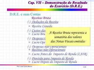 Cap. VII – Demonstração do Resultado
                                   do Exercício (D.R.E.)

D.R.E. e suas Contas
                Receitas Bruta
            (-) Deduções da Receita
             = Receita Líquida
            (-) Custos das Vendas
             = Lucro Bruto A Receita Bruta representa a
                                 somatória dos valores
            (-) Despesas Operacionais
             = Lucro Operacional Notas Fiscais emitidas
                               das
            (-) Despesas não Operacionais
             + Receitas não Operacionais
             = Lucro Antes do Imposto de Renda (LAIR)
            (-) Provisão para Imposto de Renda
             = Lucro Depois do Imposto de Renda
     Prof. José Carlos Marion
                                                       116
 