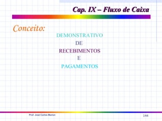 Cap. IX – Fluxo de Caixa

Conceito:
                               DEMONSTRATIVO
                                     DE
                                RECEBIMENTOS
                                      E
                                PAGAMENTOS




    Prof. José Carlos Marion
                                                         144
 