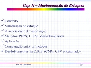 Cap. X – Movimentação de Estoques


 Contexto
 Valorização do estoque
 A necessidade da valorização
 Métodos: PEPS, UEPS, Média Ponderada
 Aplicação
 Comparação entre os métodos
 Desdobramentos na D.R.E. (CMV, CPV e Resultado)


         Prof. José Carlos Marion
                                                 154
 