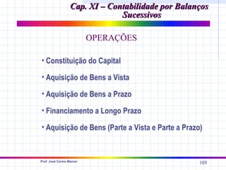 Cap. XI – Contabilidade por Balanços
                                Sucessivos

                           OPERAÇÕES

• Constituição do Capital

• Aquisição de Bens a Vista

• Aquisição de Bens a Prazo

• Financiamento a Longo Prazo

• Aquisição de Bens (Parte a Vista e Parte a Prazo)


Prof. José Carlos Marion
                                                    169
 