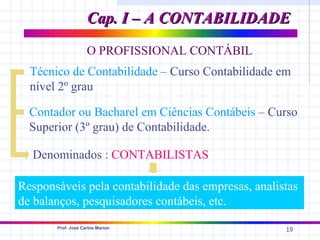 Cap. I – A CONTABILIDADE
                    O PROFISSIONAL CONTÁBIL
  Técnico de Contabilidade – Curso Contabilidade em
  nível 2º grau

  Contador ou Bacharel em Ciências Contábeis – Curso
  Superior (3º grau) de Contabilidade.

  Denominados : CONTABILISTAS

Responsáveis pela contabilidade das empresas, analistas
de balanços, pesquisadores contábeis, etc.
       Prof. José Carlos Marion
                                                    19
 