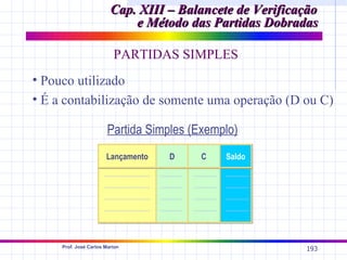 Cap. XIII – Balancete de Verificação
                             e Método das Partidas Dobradas

                          PARTIDAS SIMPLES
• Pouco utilizado
• É a contabilização de somente uma operação (D ou C)

                        Partida Simples (Exemplo)
                       Lançamento   D     C   Saldo




     Prof. José Carlos Marion
                                                          193
 