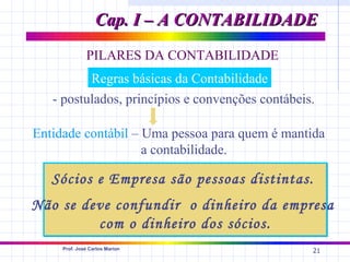 Cap. I – A CONTABILIDADE
              PILARES DA CONTABILIDADE
          Regras básicas da Contabilidade
   - postulados, princípios e convenções contábeis.

Entidade contábil – Uma pessoa para quem é mantida
                    a contabilidade.

   Sócios e Empresa são pessoas distintas.
Não se deve confundir o dinheiro da empresa
         com o dinheiro dos sócios.
     Prof. José Carlos Marion
                                                  21
 