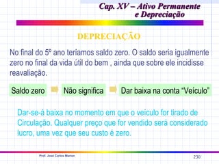 Cap. XV – Ativo Permanente
                                                e Depreciação

                                    DEPRECIAÇÃO
No final do 5º ano teríamos saldo zero. O saldo seria igualmente
zero no final da vida útil do bem , ainda que sobre ele incidisse
reavaliação.

Saldo zero               Não significa      Dar baixa na conta “Veículo”

  Dar-se-á baixa no momento em que o veículo for tirado de
  Circulação. Qualquer preço que for vendido será considerado
  lucro, uma vez que seu custo é zero.

         Prof. José Carlos Marion
                                                                  230
 