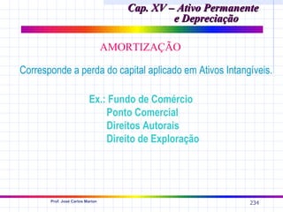 Cap. XV – Ativo Permanente
                                              e Depreciação

                                  AMORTIZAÇÃO

Corresponde a perda do capital aplicado em Ativos Intangíveis.

                          Ex.: Fundo de Comércio
                              Ponto Comercial
                              Direitos Autorais
                              Direito de Exploração




       Prof. José Carlos Marion
                                                             234
 