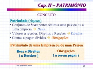 Cap. II – PATRIMÔNIO

                               CONCEITO
Patrimônio (riqueza)
• Conjunto de bens pertencentes a uma pessoa ou a
  uma empresa  Bens.
• Valores a receber, Direitos a Receber Direitos
• Contas a pagar, dívidas  Obrigações

Patrimônio de uma Empresa ou de uma Pessoa
    Bens e Direitos                     Obrigações
     ( a Receber )                   ( a serem pagas )

    Prof. José Carlos Marion
                                                         25
 