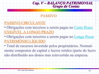 Cap. V – BALANÇO PATRIMONIAL
                                        Grupo de Contas

                                   PASSIVO
PASSIVO CIRCULANTE
• Obrigações com terceiros a serem pagas no Curto Prazo
EXIGÍVEL A LONGO PRAZO
• Obrigações com terceiros a serem pagas no Longo Prazo
PATRIMÔNIO LÍQUIDO
• Total de recursos investido pelos proprietários. Normal-
mente compostos de capital e lucros retidos (parte do lucro
não distribuído aos donos mas reinvestido na empresa.


        Prof. José Carlos Marion
                                                      74
 