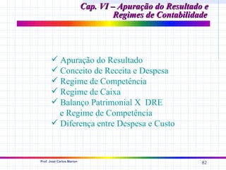 Cap. VI – Apuração do Resultado e
                                    Regimes de Contabilidade




       Apuração do Resultado
       Conceito de Receita e Despesa
       Regime de Competência
       Regime de Caixa
       Balanço Patrimonial X DRE
        e Regime de Competência
       Diferença entre Despesa e Custo



Prof. José Carlos Marion
                                                          82
 