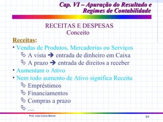 Cap. VI – Apuração do Resultado e
                                          Regimes de Contabilidade

                    RECEITAS E DESPESAS
                          Conceito
Receitas:
• Vendas de Produtos, Mercadorias ou Serviços
    A vista  entrada de dinheiro em Caixa
    A prazo  entrada de direitos a receber
• Aumentam o Ativo
• Nem todo aumento de Ativo significa Receita
    Empréstimos
    Financiamentos
    Compras a prazo
    ....
      Prof. José Carlos Marion
                                                               84
 