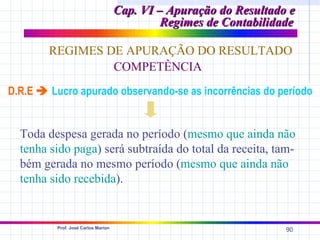 Cap. VI – Apuração do Resultado e
                                              Regimes de Contabilidade

        REGIMES DE APURAÇÃO DO RESULTADO
                 COMPETÊNCIA
D.R.E  Lucro apurado observando-se as incorrências do período


  Toda despesa gerada no período (mesmo que ainda não
  tenha sido paga) será subtraída do total da receita, tam-
  bém gerada no mesmo período (mesmo que ainda não
  tenha sido recebida).


          Prof. José Carlos Marion
                                                                    90
 