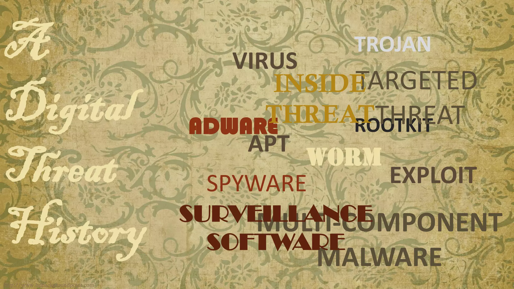 A Digital Threat History 
http://www.hdbackgroundpoint.com 
VIRUS 
EXPLOIT 
WORM 
TROJAN 
MULTI-COMPONENTMALWARE 
ADWARE 
ROOTKIT 
SPYWARE 
APT 
TARGETED THREAT 
SURVEILLANCE 
SOFTWARE 
INSIDETHREAT  