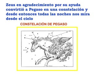 Zeus en agradecimiento por su ayuda
convirtió a Pegaso en una constelación y
desde entonces todas las noches nos mira
desde el cielo
CONSTELACIÓN DE PEGASO
 