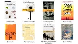 Eu passarinho A rua dos Cataventos Baú de espantos Sapo Amarelo
Caderno H A cor do invisível A preguiça como Método
de Trabalho
Nariz de Vidro
 