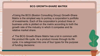 BCG GROWTH-SHARE MATRIX
✔️Using the BCG (Boston Consulting Group) Growth-Share
Matrix is the simplest way to portray a corporation’s portfolio
of investments. Each of the corporation’s product lines or
business units is plotted on the matrix according to both the
growth rate of the industry in which it competes and its
relative market share.
✔️ The BCG Growth-Share Matrix has a lot in common with
the product life cycle. As a product moves through its life
cycle, it is categorized into one of four types for the purpose
of funding decisions:
 