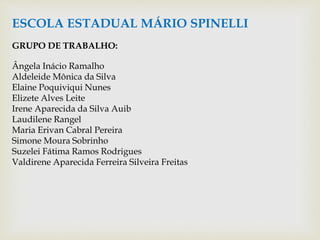 ESCOLA ESTADUAL MÁRIO SPINELLI
GRUPO DE TRABALHO:
Ângela Inácio Ramalho
Aldeleide Mônica da Silva
Elaine Poquiviqui Nunes
...