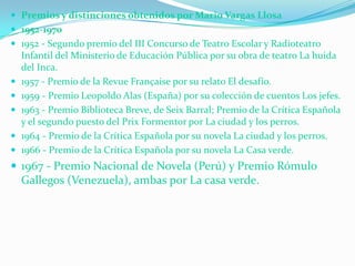 Premios y distinciones obtenidos por Mario Vargas Llosa<br />1952-1970<br />1952 - Segundo premio del III Concurso de Teat...