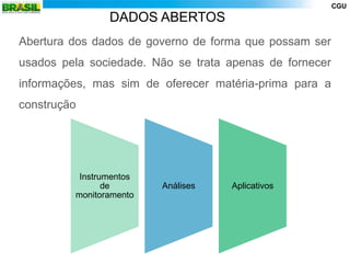 CGU
                DADOS ABERTOS
Abertura dos dados de governo de forma que possam ser
usados pela sociedade. Não se trata apenas de fornecer
informações, mas sim de oferecer matéria-prima para a
construção




          Instrumentos
                de       Análises   Aplicativos
         monitoramento
 