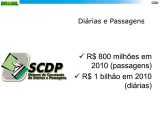 CGU




 Diárias e Passagens




  R$ 800 milhões em
    2010 (passagens)
 R$ 1 bilhão em 2010
               (diárias)
 