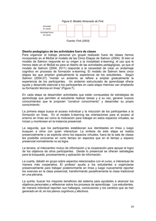 14
Figura 6: Modelo Almenado de Fink
Fuente: Fink (2003)
Diseño pedagógico de las actividades fuera de clases
Para organizar el trabajo personal y/o grupal realizado fuera de clases hemos
incorporado en el MoSal el modelo de las Cinco Etapas de Salmon (2004). Si bien el
modelo de Salmon responde en su origen a la modalidad e-learning, el uso que le
hemos dado en el MoSal es para el diseño de las actividades pedagógicas, ya que el
modelo de Salmon (2004; 2011) responde a la necesidad de crear un andamiaje
cognitivo en procesos de formación e-learning. El modelo de Salmon tiene cinco
etapas las que amplían gradualmente la experiencia de los estudiantes. Según
Salmon (2004:27) “montar un andamio se refiere a ampliar gradualmente la
experiencia de los participantes. Un andamio estructurado de aprendizaje ofrece
ayuda y desarrollo esencial a los participantes en cada etapa mientras van ampliando
su formación técnica en línea” (Figura 7).
En cada etapa se desarrollan actividades que están compuestas de estrategias de
aprendizaje que permiten al estudiante realizar tareas y a su vez, generar nuevos
conocimientos que le propicien “construir conocimiento” y desarrollar su propio
conocimiento:
La primera etapa busca el acceso individual y la inducción de los participantes a la
formación en línea. En el modelo b-learning las orientaciones para el acceso al
entorno en línea así como la motivación para trabajar en estos espacios virtuales, se
inician y monitorean en la instancia presencial.
La segunda, que los participantes establezcan sus identidades en línea y luego
busquen a otros con quien interactuar. La síntesis de esta etapa se realiza
presencialmente y se explicita cómo los espacios virtuales, fuera de la sala de clases
les posibilita conocerse en corto tiempo en aspectos que en el tiempo y espacio
presencial normalmente no se logra.
La tercera, el intercambio mutuo de información y la cooperación para apoyar el logro
de los objetivos de otros participantes. Desde lo presencial se ofrecen estrategias
para la búsqueda, procesamiento y aplicación de información.
La cuarta, debatir en grupo sobre aspectos relacionados con el curso, e interactuar de
manera más cooperativa. El profesor ayuda a los estudiantes a organizarse
presencialmente para trabajar posteriormente en línea y luego nuevamente reportar
los avances en la clase presencial, transformando paulatinamente la clase tradicional
en una plenaria.
La quinta, buscar los mayores beneficios del sistema para ayudarles a alcanzar los
objetivos personales y reflexionar sobre los procesos de aprendizaje. Los estudiantes,
de manera individual reportan sus hallazgos, conclusiones y los cambios que se han
generado en él, en los planos cognitivos y afectivos.
Actividad
en clases
Actividad fuera
de clases
 