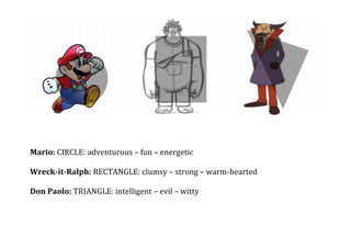  
	
  
	
  
	
  
Mario:	
  CIRCLE:	
  adventurous	
  –	
  fun	
  –	
  energetic	
  
	
  
Wreck-­‐it-­‐Ralph:	
  RECTANGLE:	
  clumsy	
  –	
  strong	
  –	
  warm-­‐hearted	
  	
  
	
  
Don	
  Paolo:	
  TRIANGLE:	
  intelligent	
  –	
  evil	
  –	
  witty	
  	
  
	
  
	
  
 
