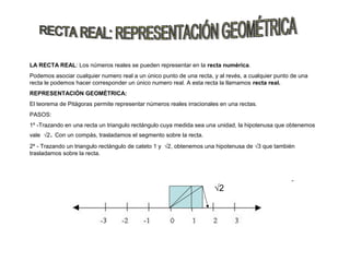 LA RECTA REAL: Los números reales se pueden representar en la recta numérica.
Podemos asociar cualquier numero real a un único punto de una recta, y al revés, a cualquier punto de una
recta le podemos hacer corresponder un único numero real. A esta recta la llamamos recta real.
REPRESENTACIÓN GEOMÉTRICA:
El teorema de Pitágoras permite representar números reales irracionales en una rectas.
PASOS:
1º -Trazando en una recta un triangulo rectángulo cuya medida sea una unidad, la hipotenusa que obtenemos
vale √2. Con un compás, trasladamos el segmento sobre la recta.
2º - Trazando un triangulo rectángulo de cateto 1 y √2, obtenemos una hipotenusa de √3 que también
trasladamos sobre la recta.




                                                                     √2
 