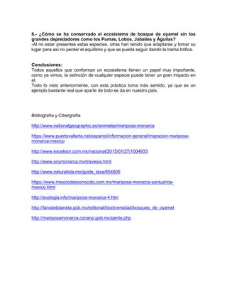 8.- ¿Cómo se ha conservado el ecosistema de bosque de oyamel sin los
grandes depredadores como los Pumas, Lobos, Jabalíes y Águilas?
-Al no estar presentes estas especies, otras han tenido que adaptarse y tomar su
lugar para así no perder el equilibrio y que se pueda seguir dando la trama trófica.
Conclusiones:
Todos aquellos que conforman un ecosistema tienen un papel muy importante,
como ya vimos, la extinción de cualquier especie puede tener un gran impacto en
el.
Todo lo visto anteriormente, con esta práctica toma más sentido, ya que es un
ejemplo bastante real que aparte de todo se da en nuestro país.
Bibliografía y Cibergrafía
http://www.nationalgeographic.es/animales/mariposa-monarca
https://www.puertovallarta.net/espanol/informacion-general/migracion-mariposa-
monarca-mexico
http://www.excelsior.com.mx/nacional/2015/01/27/1004933
http://www.soymonarca.mx/travesia.html
http://www.naturalista.mx/guide_taxa/654805
https://www.mexicodesconocido.com.mx/mariposa-monarca-santuarios-
mexico.html
http://ecologia.info/mariposa-monarca-4.htm
http://fansdelplaneta.gob.mx/editorial/biodiversidad/bosques_de_oyamel
http://mariposamonarca.conanp.gob.mx/gente.php
 