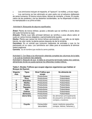  Los omnívoros incluyen el mapache, el "oposum", la mofeta, y el oso negro.
 Los carnívoros se han eliminado en gran parte con el esfuerzo deliberado
de seres humanos. El bioma incluía lobos, leones de montaña, y linces. El coyote,
nativo de las praderas y de los desiertos occidentales, se ha dispersado el este y
ha reemplazado a su primo el lobo.
Actividad 4: Búsqueda de algunos significados:
Árbol: Planta de tronco leñoso, grueso y elevado que se ramifica a cierta altura
del suelo formando la copa.
Arbusto: Planta cuyo tallo principal (leñoso) se ramifica a poca altura sobre el
suelo en varios troncos delgados y aproximadamente iguales.
Hierba: Planta que carece de tronco leñoso permanente y cuyo tallo es de tejido
blando, de color verde; la planta perece después de dar la simiente.
Carroñero: Es un animal que consume cadáveres de animales y que no ha
participado en su caza. Los carroñeros son útiles para el ecosistema al eliminar
restos orgánicos
Carroña: Es el nombre que recibe la carne podrida.
Actividad 5. Con Base a la información obtenida completa las columnas de la tabla
1, la cual se mostrará más adelante.
Actividad 6. Después de que la tabla se encuentra terminada realiza dos cadenas
alimenticias donde se pueda apreciar los diferentes niveles tróficos.
Tabla-1. Niveles Tróficos que ocupan algunos organismos que habitan el
Bosque de Oyamel.
Organis
mos
Tipos Nivel Tráfico que
ocupa
Se alimenta de
Oyamel. Productores Fotosíntesis
Pino. Productores Fotosíntesis
F Arbustos. Productores Fotosíntesis
L Hierba. Productores Fotosíntesis
O Encino. Productores Fotosíntesis
R Tepozán. Productores Fotosíntesis
A Aile Productores Fotosíntesis
Cedros. Productores Fotosíntesis
Senecios. Productores Fotosíntesis
Zorra Gris. Consumidor
secundario
Se alimentan principalmente
de pequeños animales como
conejos y roedores.
Coyote. Consumidor
secundario
cazan roedores pequeños,
conejos, liebres, faisanes y,
 
