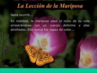 Nada ocurrió...
En realidad, la mariposa pasó el resto de su vida
arrastrándose con un cuerpo deforme y alas
atrofiadas. Ella nunca fue capaz de volar...
La Lección de la Mariposa
 
