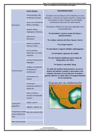 http://www.umich.mx/mich/monarca/mon-intro-monarca.html
http://es.wikipedia.org/wiki/Danaus_plexippus
FUENTE DE INFORMACION
INSTITUTO NACIONAL DE ECOLOGIA
CENTRO ECOTURÍSTICO EL ROSARIO MARIPOSA MONARCA
Municipios:
FICHA TÉCNICA
Temascalcingo, Villa
de Allende y Donato
Guerra en el Estado de
México Contepec,
Senguío, Aporo,
Angangueo, Ocampo y
Zitácuaro en
Michoacán
Vías de acceso:
Desde la ciudad de
Zitácuaro, Mich.,
por la carretera
federal No. 15 rumbo
a Morelia
se toma la desviación a
Angangeo;
al llegar a la población
de Ocampo se
continúa por
la terracería a El
Rosario
El santuario
permanece abierto al
público de
9:00 a 17:00 hrs.,
durante la temporada
turística
Localización
geográfica:
19o20' y 20o N
100o05' y 100o25' W
Temperatura media
anual: (Estación El
Oro)
Mes más caliente 22oC
Mes más frío 6.5oC
RECOMENDACIONES
El objetivo de una Reserva de la Biósfera es el de
proteger y conservar la riqueza natural y cultural que
se encuentra en ella e integrar las actividades
económicas al proceso de conservación.
Tú puedes colaborar en esta tarea siguiendo estas
recomendaciones:
No introducir o portar armas de fuego o
punzocortantes
No realizar colectas de flora, fauna o tierra
No arrojar basura
No introducir o ingerir bebidas embriagantes
No introducir aparatos de sonido
No usar fuentes luminosas para tomas de
fotografías o de video
No fumar o encender fuego
No salir del sendero interpretativo, ni correr
dentro del mismo Cuando te aproximes a las
colonias, durante el recorrido por el sendero,
guarda silencio, el ruido altera el comportamiento
de las mariposas.
Gracias por tu colaboración
 