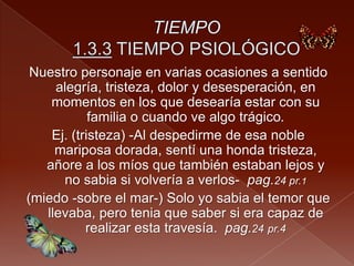 Nuestro personaje en varias ocasiones a sentido
alegría, tristeza, dolor y desesperación, en
momentos en los que desearía estar con su
familia o cuando ve algo trágico.
Ej. (tristeza) -Al despedirme de esa noble
mariposa dorada, sentí una honda tristeza,
añore a los míos que también estaban lejos y
no sabia si volvería a verlos- pag.24 pr.1
(miedo -sobre el mar-) Solo yo sabia el temor que
llevaba, pero tenia que saber si era capaz de
realizar esta travesía. pag.24 pr.4
 