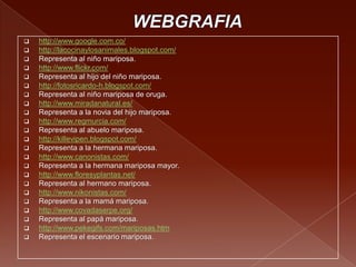  http://www.google.com.co/
 http://lacocinaylosanimales.blogspot.com/
 Representa al niño mariposa.
 http://www.flickr.com/
 Representa al hijo del niño mariposa.
 http://fotosricardo-h.blogspot.com/
 Representa al niño mariposa de oruga.
 http://www.miradanatural.es/
 Representa a la novia del hijo mariposa.
 http://www.regmurcia.com/
 Representa al abuelo mariposa.
 http://killevipen.blogspot.com/
 Representa a la hermana mariposa.
 http://www.canonistas.com/
 Representa a la hermana mariposa mayor.
 http://www.floresyplantas.net/
 Representa al hermano mariposa.
 http://www.nikonistas.com/
 Representa a la mamá mariposa.
 http://www.covadaserpe.org/
 Representa al papá mariposa.
 http://www.pekegifs.com/mariposas.htm
 Representa el escenario mariposa.
 