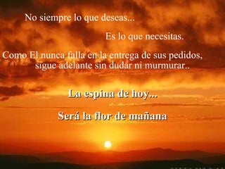 No siempre lo que deseas... Es lo que necesitas. Como El nunca falla en la entrega de sus pedidos, sigue adelante sin dudar ni murmurar.. La espina de hoy... Será la flor de mañana