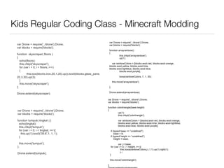 Kids Regular Coding Class - Minecraft Modding
var Drone = require('../drone').Drone;
var blocks = require('blocks');
function skyscraper( floors )
{
echo(floors);
this.chkpt('skyscraper');
for (var i = 0; i < floors; i++)
{
this.box(blocks.iron,20,1,20).up().box0(blocks.glass_pane,
20,3,30).up(3);
}
this.move('skyscraper');
};
Drone.extend(skyscraper);
var Drone = require('../drone').Drone;
var blocks = require('blocks');
function tumpuk( tingkat ) {
echo(tingkat);
this.chkpt('tumpuk');
for (var i = 0; i < tingkat; i++){
this.up(1).box0('35:6',1, 1, 1);
}
this.move('tumpuk');
};
Drone.extend(tumpuk);
var Drone = require('../drone').Drone;
var blocks = require('blocks');
function arrayrainbow()
{
this.chkpt('arrayrainbow');
up(1);
var rainbowColors = [blocks.wool.red, blocks.wool.orange,
blocks.wool.yellow, blocks.wool.lime,
blocks.wool.lightblue, blocks.wool.blue,
blocks.wool.purple];
boxa(rainbowColors, 7, 1, 30);
this.move('arrayrainbow');
};
Drone.extend(arrayrainbow);
var Drone = require('../drone').Drone;
var blocks = require('blocks');
function colortriangle(base,height)
{
up(1);
this.chkpt('colortriangle');
var rainbowColors = [blocks.wool.red, blocks.wool.orange,
blocks.wool.yellow, blocks.wool.lime, blocks.wool.lightblue,
blocks.wool.blue, blocks.wool.purple];
if (typeof base == "undefined")
base = 9;
if (typeof height == "undefined")
height = base;
var j = base;
for (var i = 0; i < height; i++){
this.boxa(rainbowColors,j-i,1,1).up(1).right(1);
j--;
}
this.move('colortriangle');
};
 
