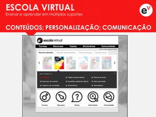 CONTEÚDOS; PERSONALIZAÇÃO; COMUNICAÇÃO 
ESCOLA VIRTUAL 
Ensinar e aprender em múltiplos suportes  