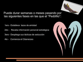 Puede durar semanas o meses pasando por
las siguientes fases en las que el “Pedófilo”:


1ero - Establece lazos de amistad

2do - Recaba información personal estratégica

3ero - Despliega sus tácticas de seducción

4to - Comienza el Ciberacoso
 