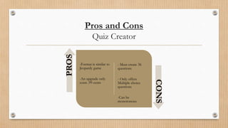 Pros and Cons
Quiz Creator
-Format is similar to
Jeopardy game
-An upgrade only
costs .99 cents
- Must create 36
questions
- Only offers
Multiple choice
questions
-Can be
monotonous
PROS
CONS
 