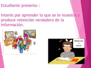 Estudiante presenta : 
Interés por aprender lo que se le muestra y 
produce retención verdadera de la 
información. 
 