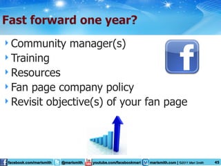 Community manager(s) Training Resources Fan page company policy Revisit objective(s) of your fan page 