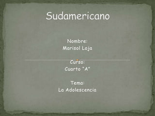 Sudamericano Nombre: Marisol Loja  Curso: Cuarto “A” Tema: La Adolescencia 