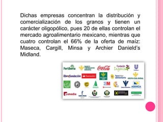 Dichas empresas concentran la distribución y
comercialización de los granos y tienen un
carácter oligopólico, pues 20 de ellas controlan el
mercado agroalimentario mexicano, mientras que
cuatro controlan el 66% de la oferta de maíz:
Maseca, Cargill, Minsa y Archier Danield’s
Midland.
 