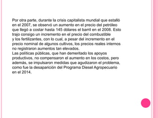 Por otra parte, durante la crisis capitalista mundial que estalló
en el 2007, se observó un aumento en el precio del petróleo
que llegó a costar hasta 145 dólares el barril en el 2008. Esto
trajo consigo un incremento en el precio del combustible
y los fertilizantes, con lo cual, a pesar del incremento en el
precio nominal de algunos cultivos, los precios reales internos
no registraron aumentos tan elevados.
Las políticas públicas, que han demeritado los apoyos
productivos, no compensaron el aumento en los costos, pero
además, se impulsaron medidas que agudizaron el problema,
como fue la desaparición del Programa Diesel Agropecuario
en el 2014.
 