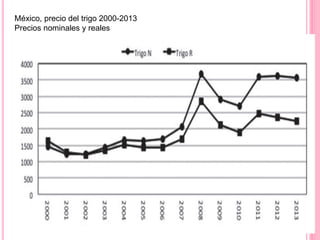 México, precio del trigo 2000-2013
Precios nominales y reales
 