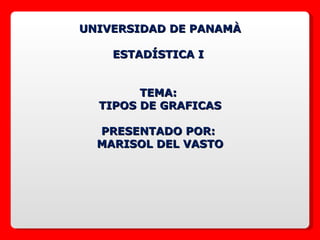 UNIVERSIDAD DE PANAMÀ

    ESTADÍSTICA I


        TEMA:
  TIPOS DE GRAFICAS

  PRESENTADO POR:
  MARISOL DEL VASTO
 