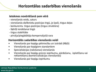 Horizontālas sadarbības vienošanās
Ietekmes novērtēšanā ņem vērā
- vienošanās veids, saturs
- vienošanās dalībnieku pozīcijas tirgū, jo īpaši, tirgus daļas
- konkurentu tirgus pozīcijas (tirgus struktūra)
- šķēršļi ienākšanai tirgū
- tirgus stabilitāte
- pircēja/piegādātāja kompensējošā vara

Horizontālās sadarbības vienošanās veidi
•
•
•
•
•

Vienošanās par kopīgu pētniecību un izstrādi (R&D)
Vienošanās par kopīgiem standartiem
Specializācijas (ražošanas) vienošanās
Vienošanās par kopīgu preces iepirkumu, pārdošanu, izplatīšanu vai
reklamēšanu (komercializācijas vienošanās)
Vienošanās par kopīgu iepirkumu

Latvijas Republikas Konkurences padome
www.kp.gov.lv

3

 