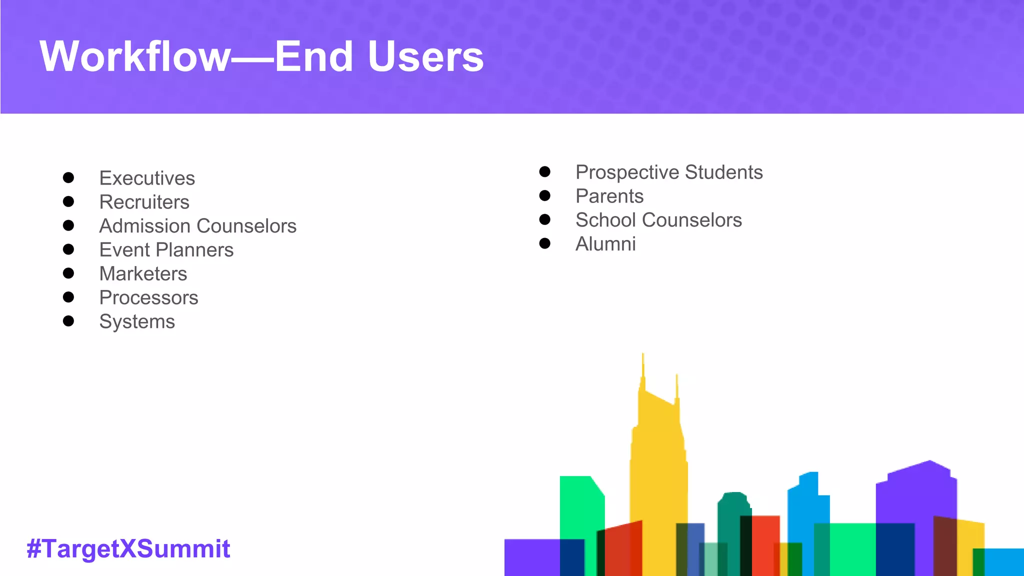 #TargetXSummit
Workflow—End Users
● Executives
● Recruiters
● Admission Counselors
● Event Planners
● Marketers
● Processors
● Systems
● Prospective Students
● Parents
● School Counselors
● Alumni