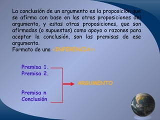 La conclusión de un argumento es la proposición que
se afirma con base en las otras proposiciones del
argumento, y estas otras proposiciones, que son
afirmadas (o supuestas) como apoyo o razones para
aceptar la conclusión, son las premisas de ese
argumento.
Formato de una <INFERENCIA>:
Premisa 1.
Premisa 2.
ARGUMENTO
Premisa n
Conclusión

 